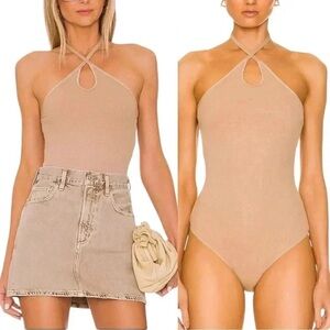 ENZA COSTA BODYSUIT WOMENS LARGE STRETCH SILK HALTER OAT MILK KEYHOLE TOP